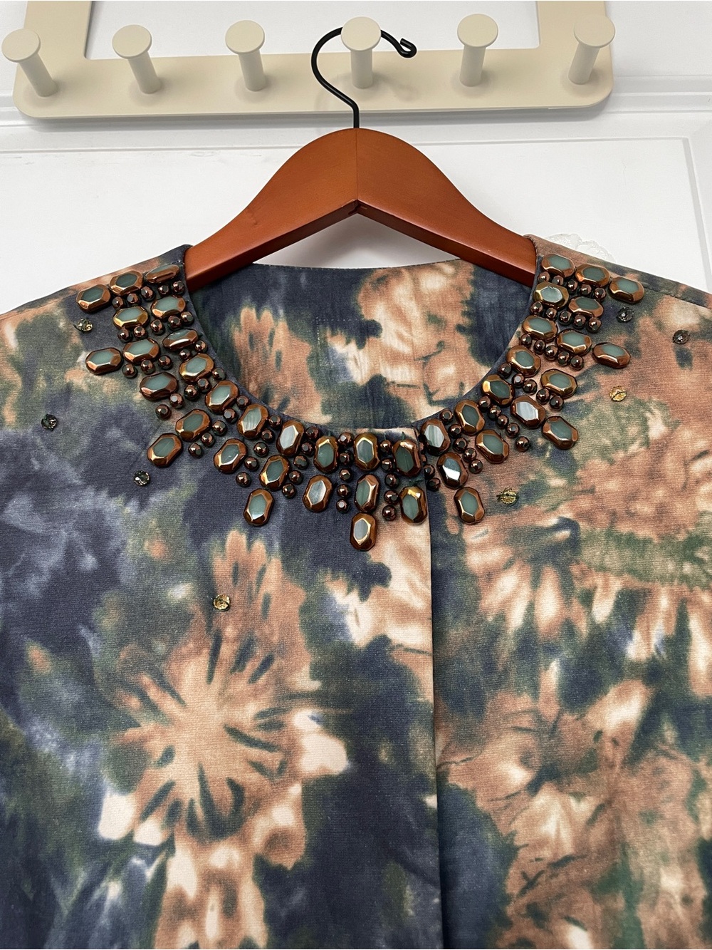 Embellished Tie-Dye Mock Neck Necklace Top - Brown/Green